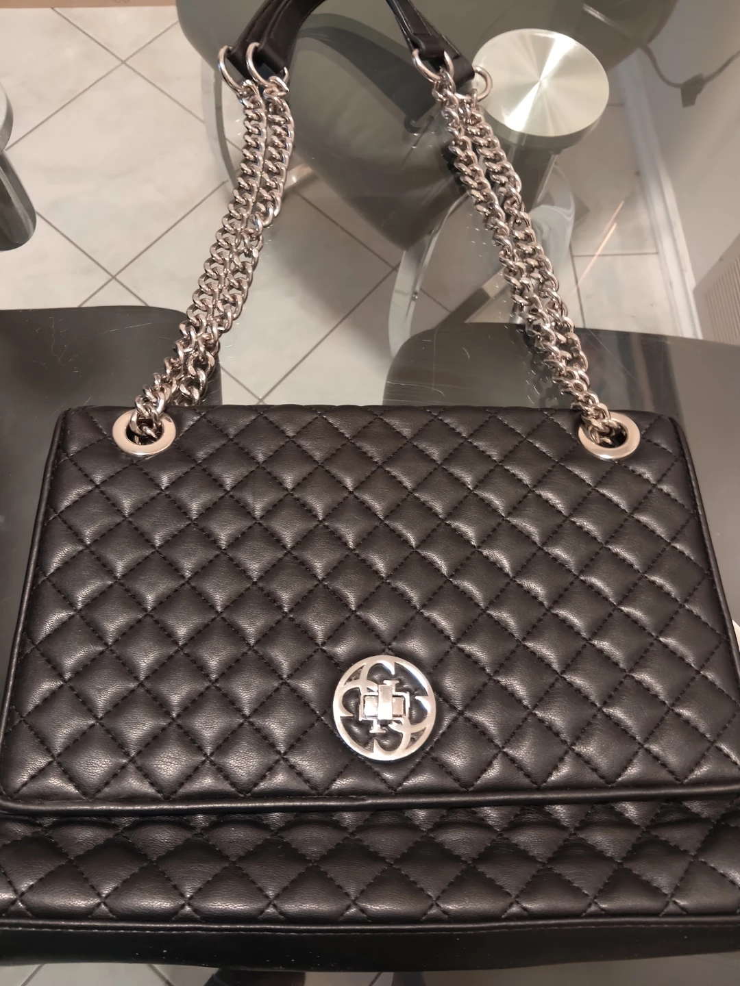 Black Quilted Shoulder Bag with Silver Chain