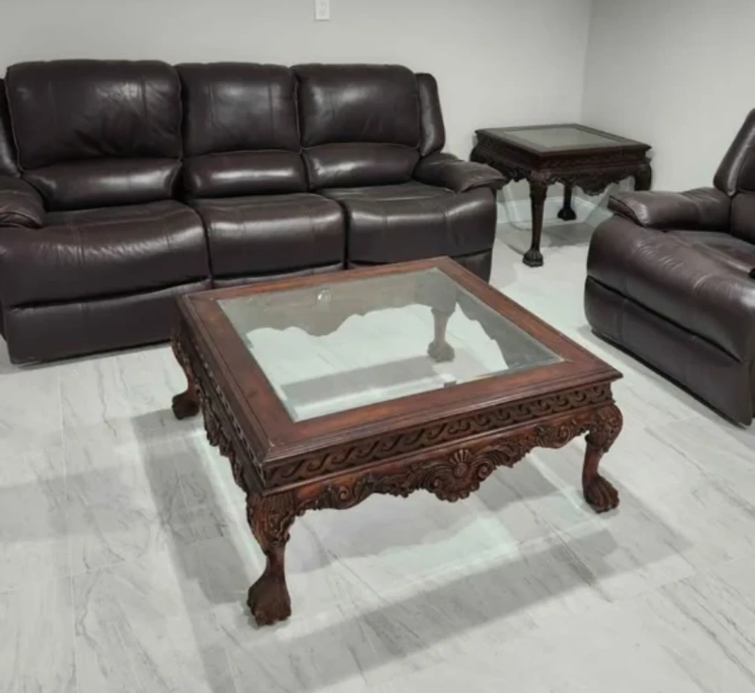 Vintage Ornate Wooden Coffee Table with Glass Top - photo 2