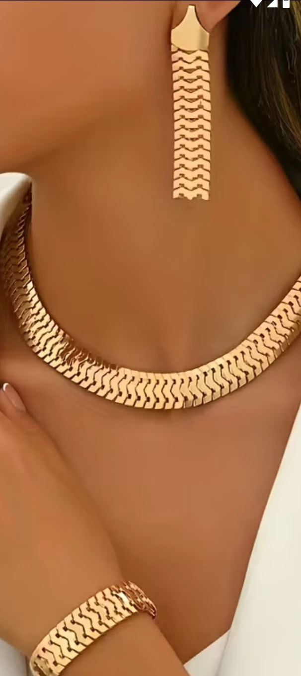 Gold-tone Herringbone Necklace and Earrings Set