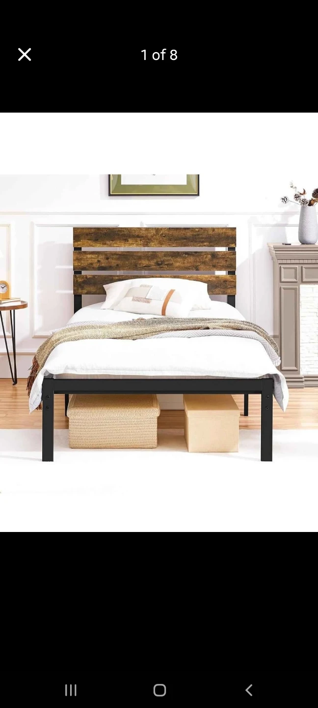 Twin Size Metal Bed Frame Headboard Rustic Wood Finish