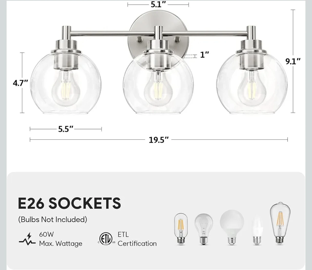 3-Light Vanity Light Fixture with Clear Glass Shades