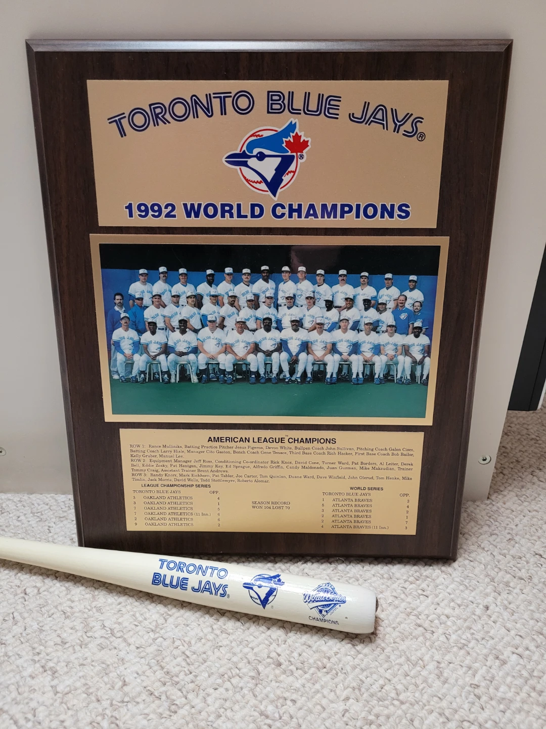 Toronto Blue Jays 1992 World Series Champions Plaque and Bat