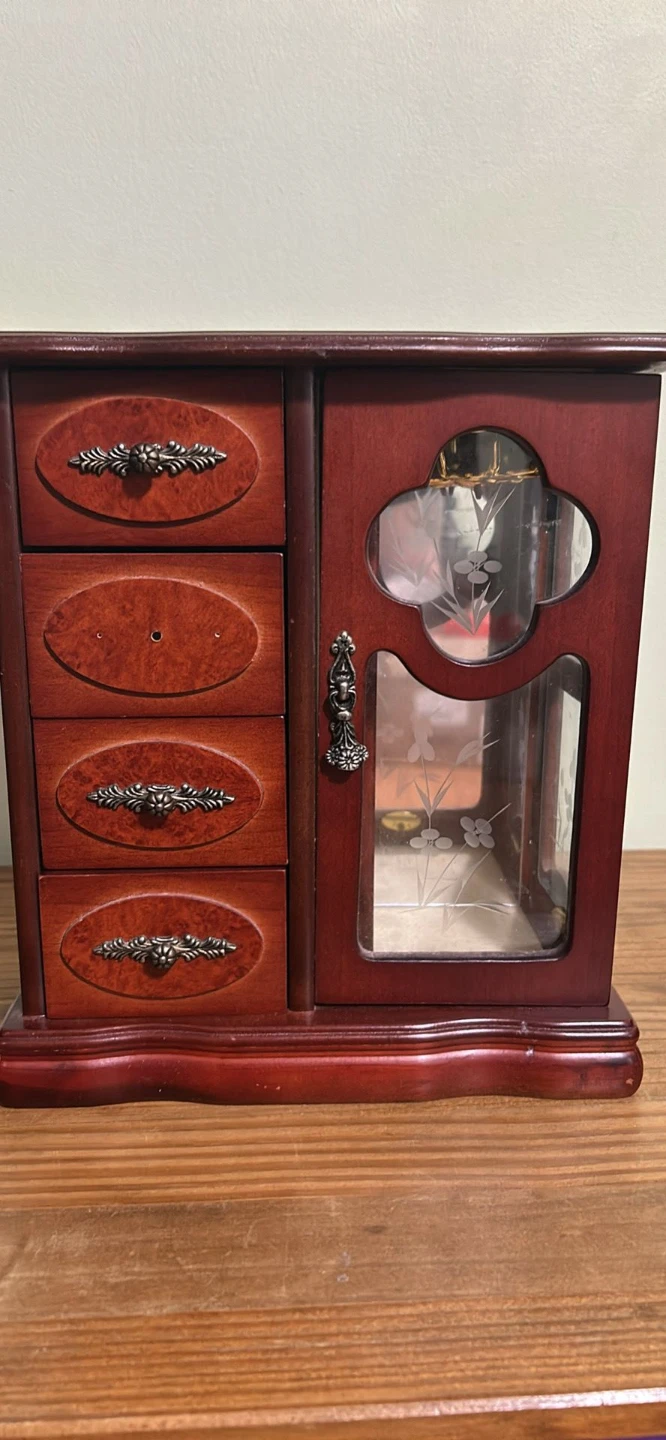 Wooden Jewelry Box with Drawers and Mirrored Doors
