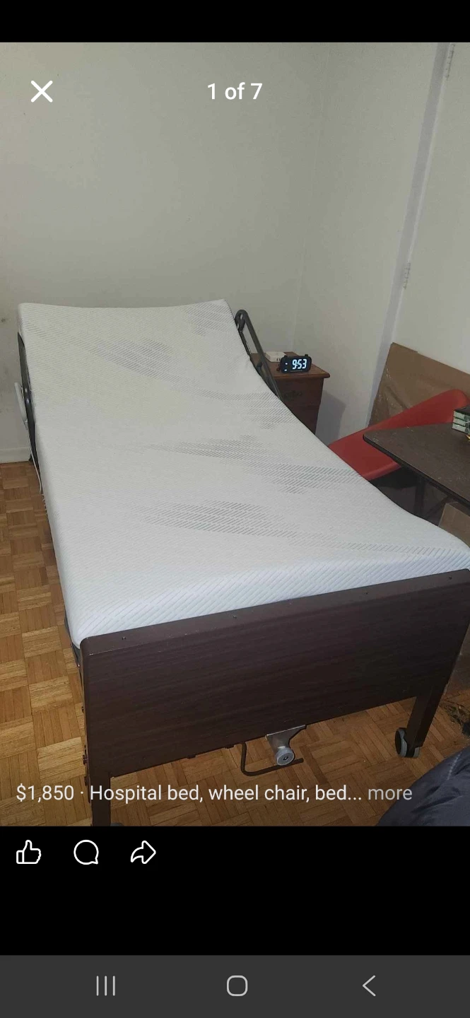 Adj Hospital Bed, Wheelchair, bedside table and commode