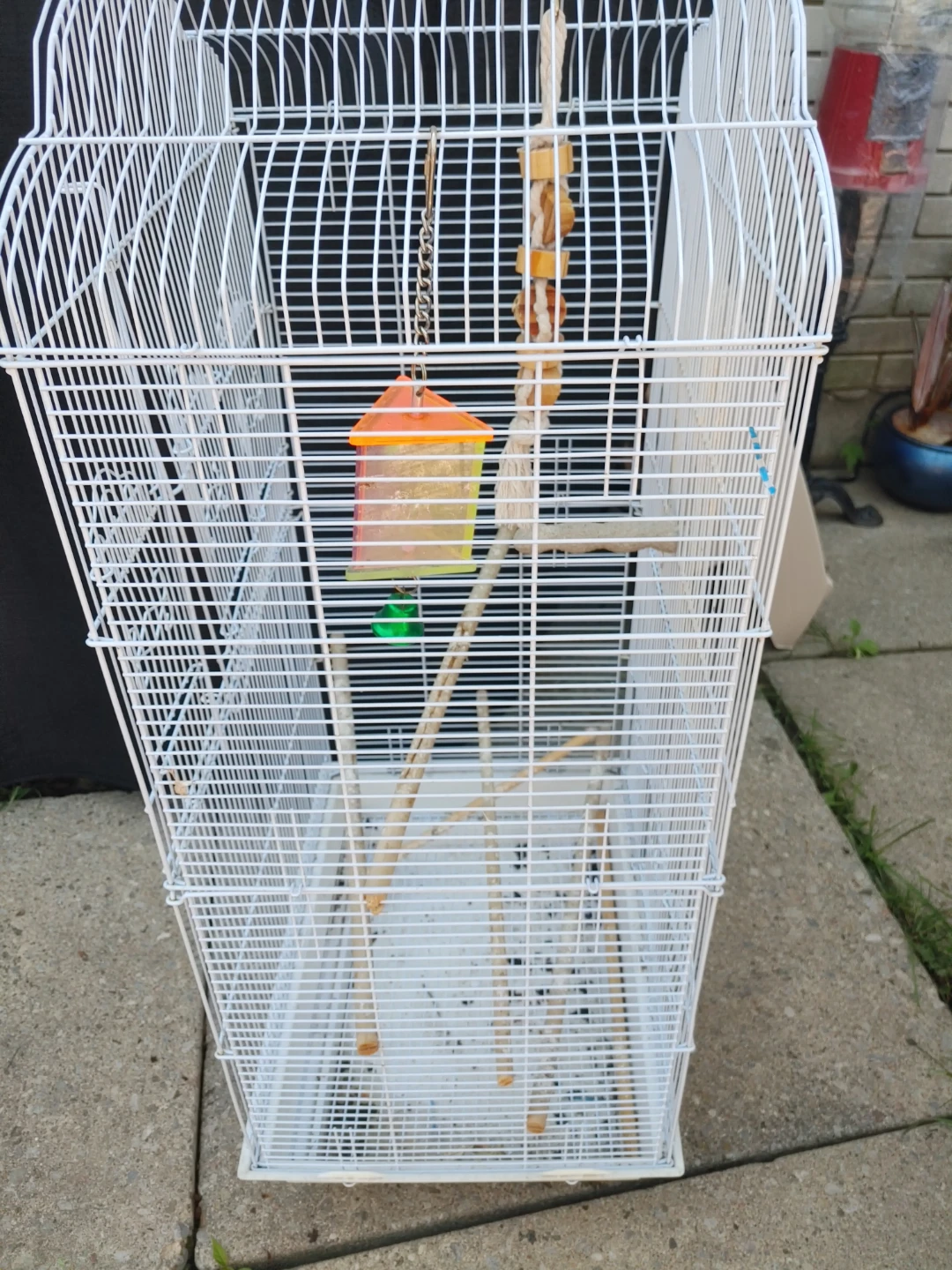 White bird cage with perches and feeder - photo 2