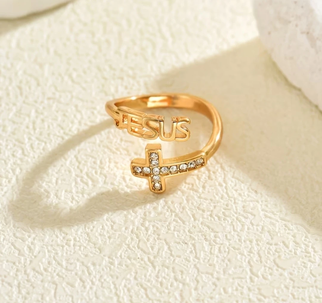 Jesus Cross Ring with Rhinestones