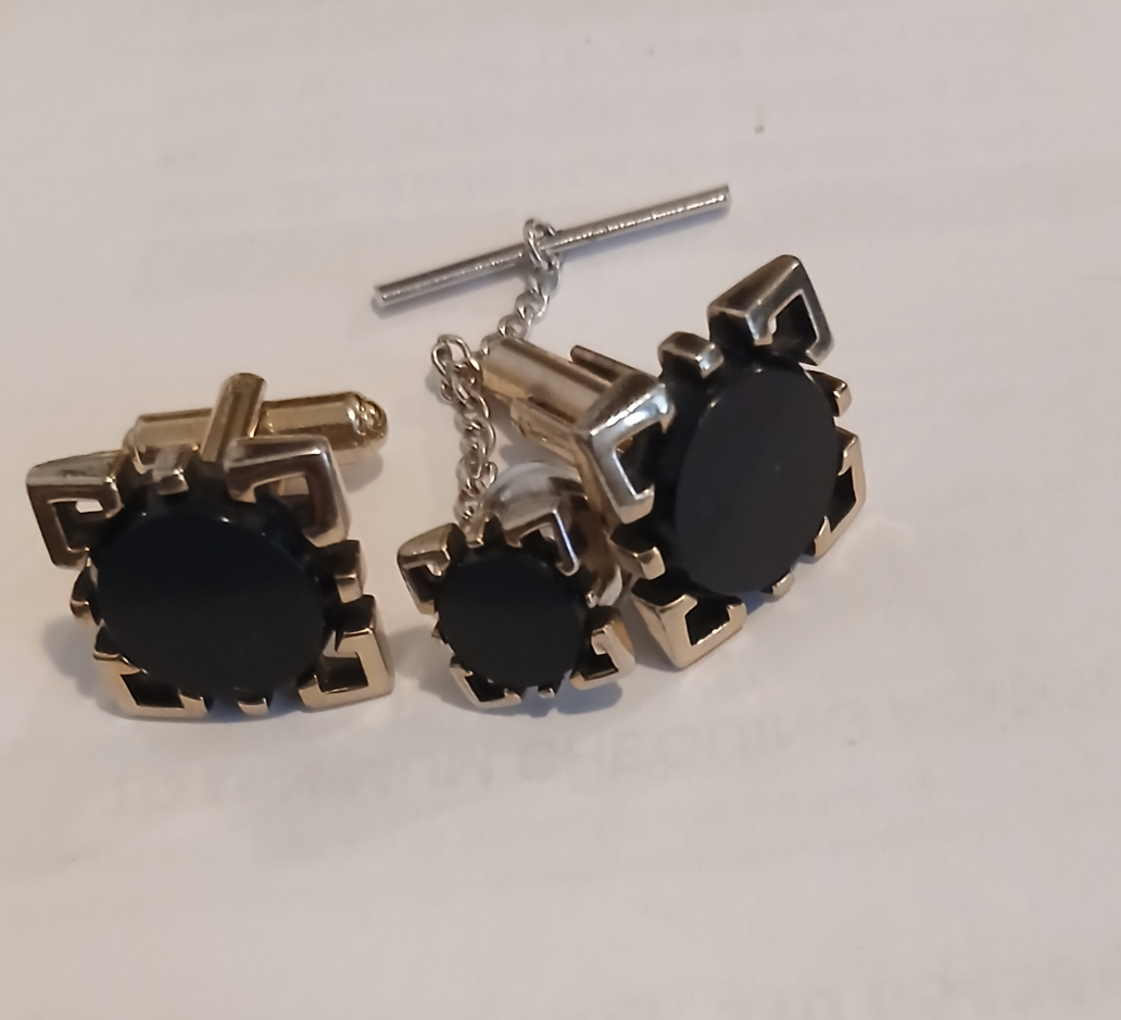 Vintae Silver Tone Black Onyx Cufflinks and Stud Set
