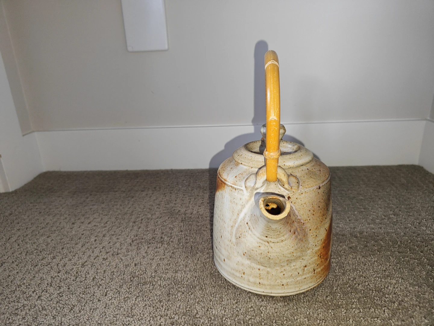 Vintage Beige Pottery Art Teapot Signed w/ Wood Handle & Lid - photo 2