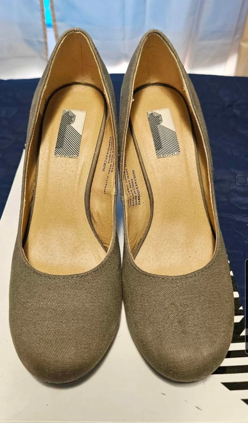 Grey Canvas Block Heel Pumps