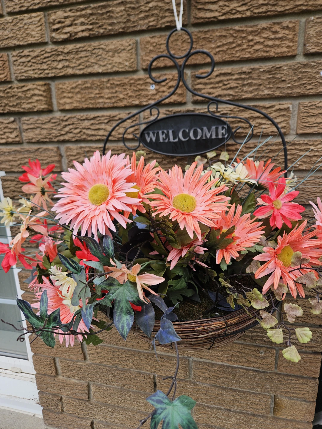 Hanging Flower Basket with Welcome Sign