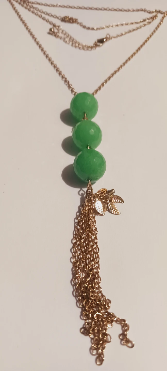 Gold Tone Green Stones Beaded Necklace with Tassel - photo 3
