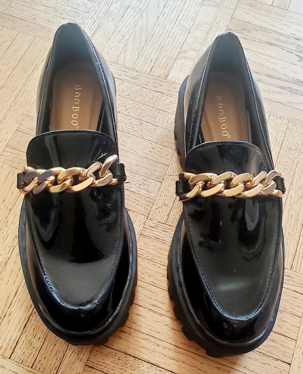 Bamboo Women's Black Patent Chain Loafers