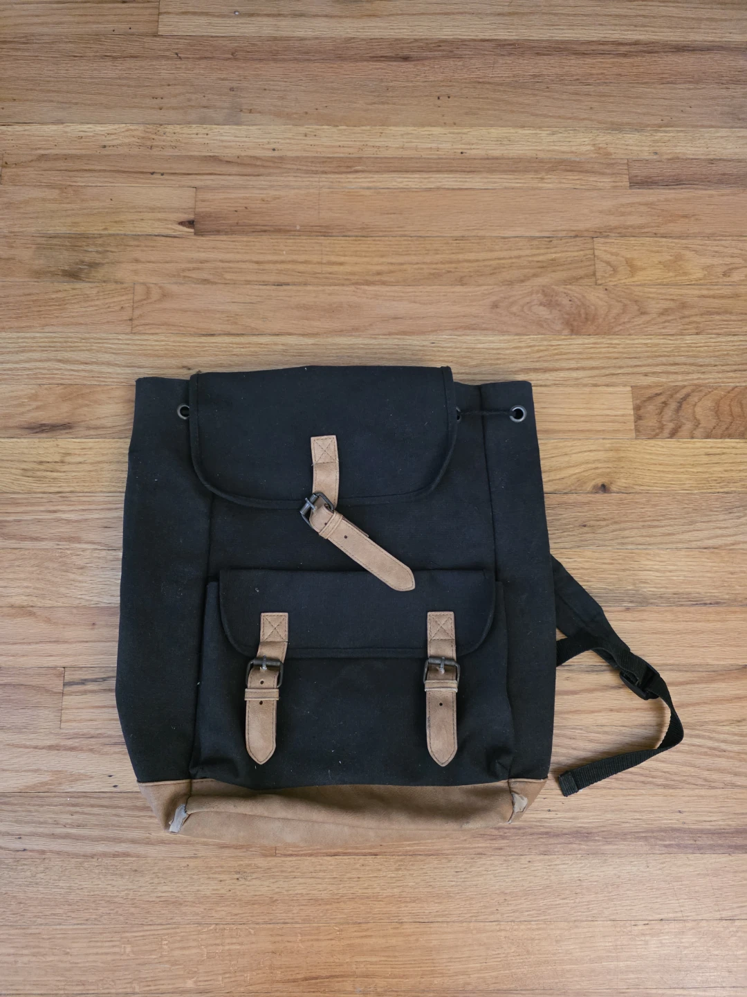 DSW Black Canvas & Tan Faux Leather Backpack