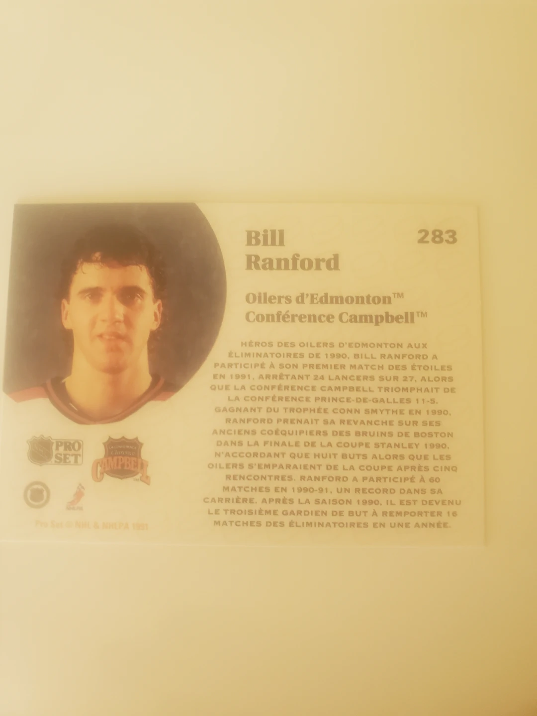 1991 Pro Set Bill Ranford Hockey Card 283 - photo 2