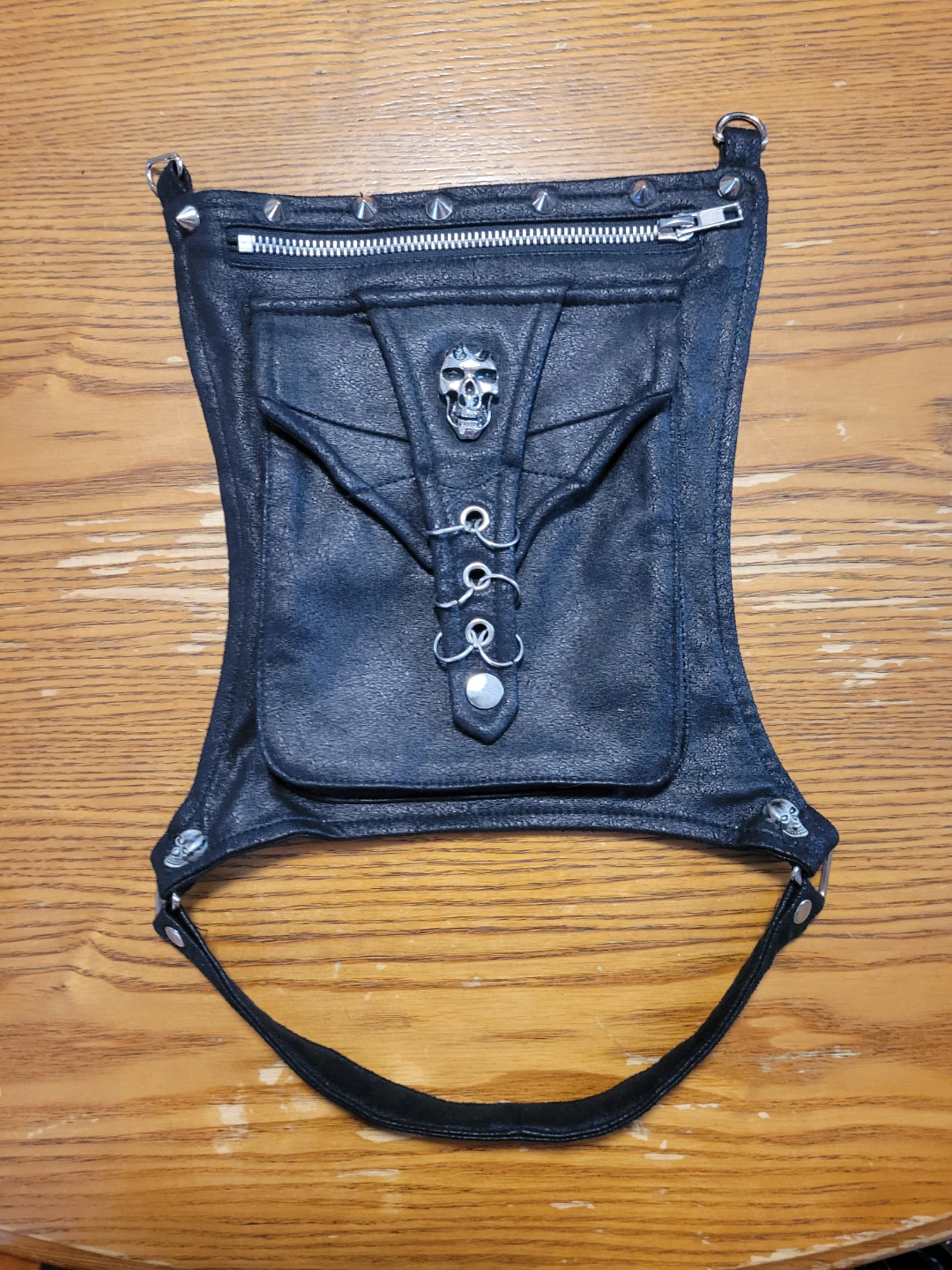Black Leather Leg Pouch with Skull Accent