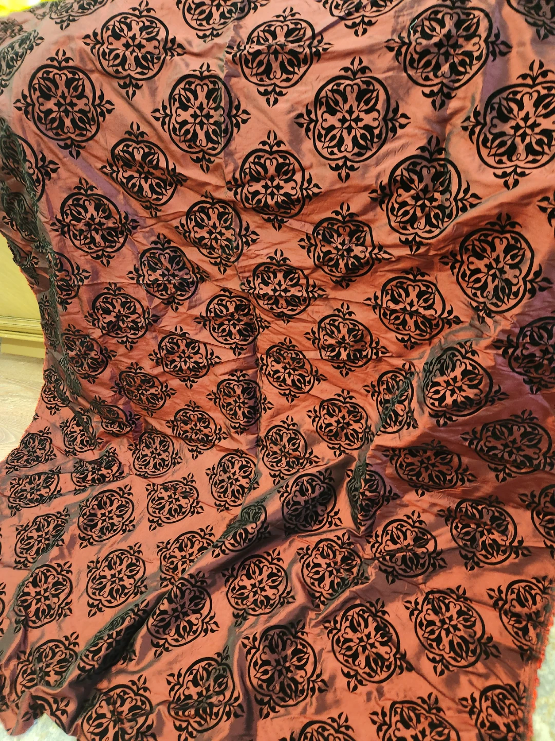 Red and Black Damask Fabric Remnant 86x60"