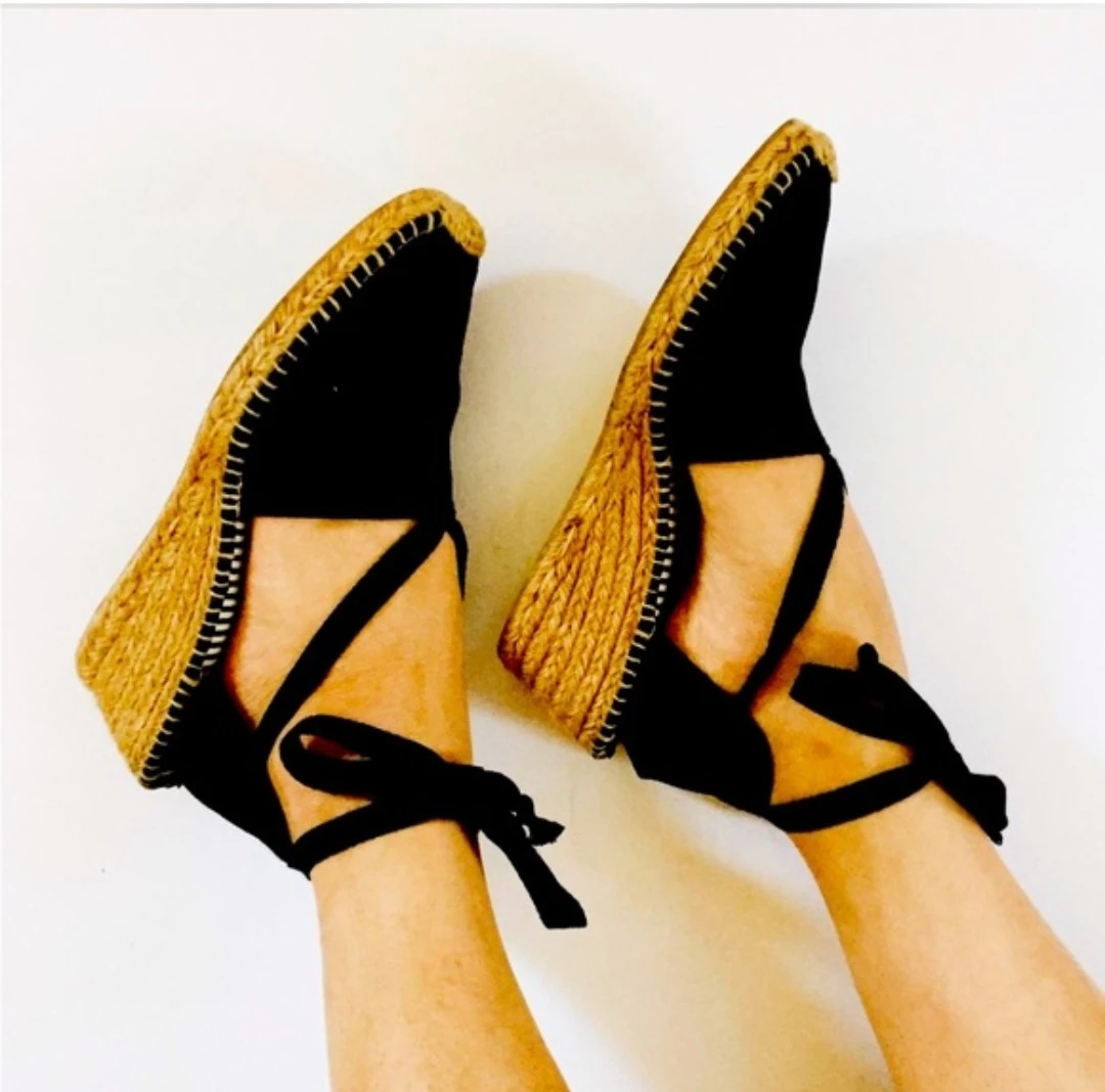 🇪🇸 Spain Black Espadrille Wedge Sandals with Ankle Straps