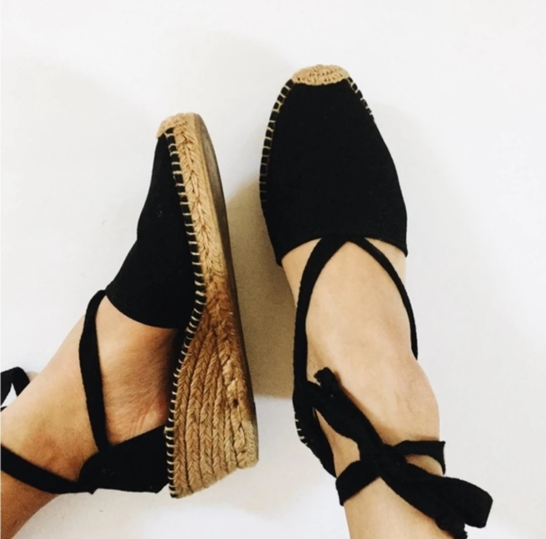 🇪🇸 Spain Black Espadrille Wedge Sandals with Ankle Straps - photo 2