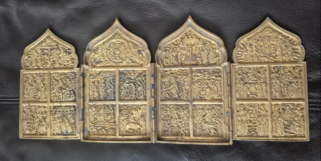 Antique Orthodox Four Fold Travel icon brass