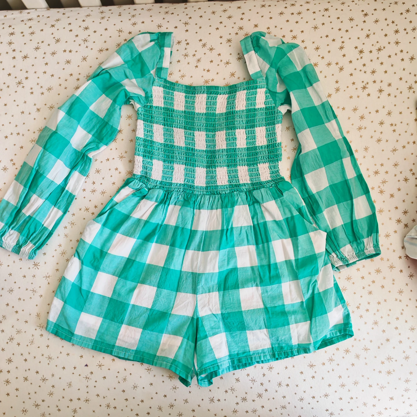Janie and Jack Green Gingham Smocked Romper Size 5 - photo 2
