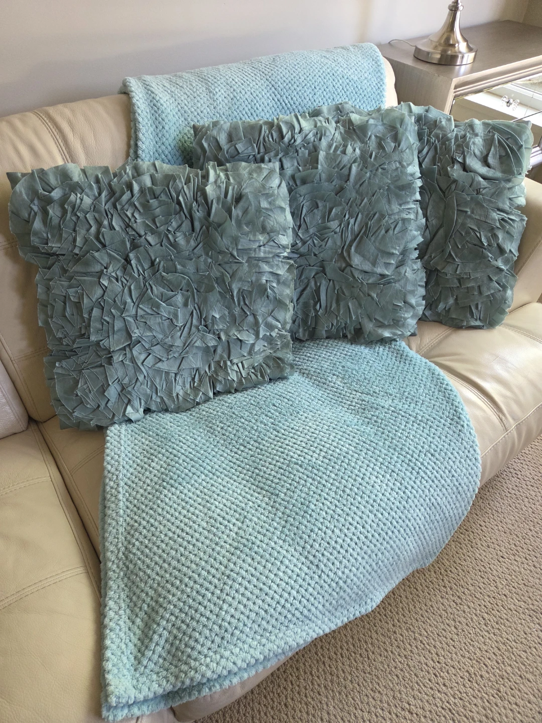 4pc Teal Decor Set: 3D Ruffled Rose Pillows &  Throw Blanket