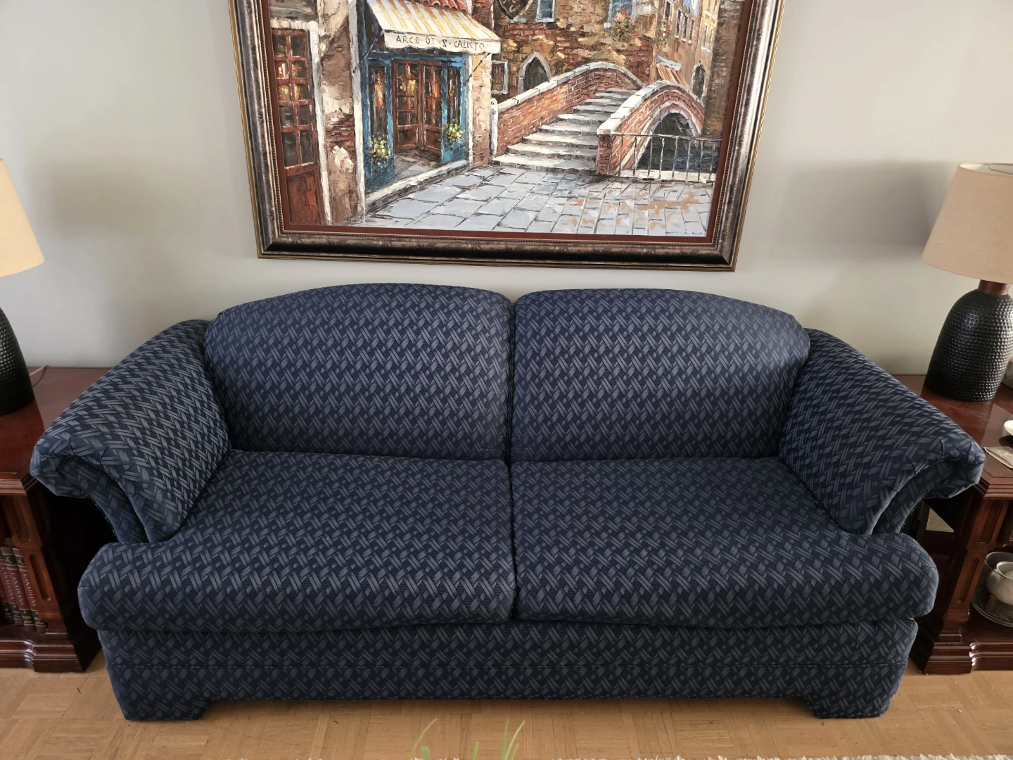 Blue Patterned Sofa with Pull Out Bed and Winged Back Chair