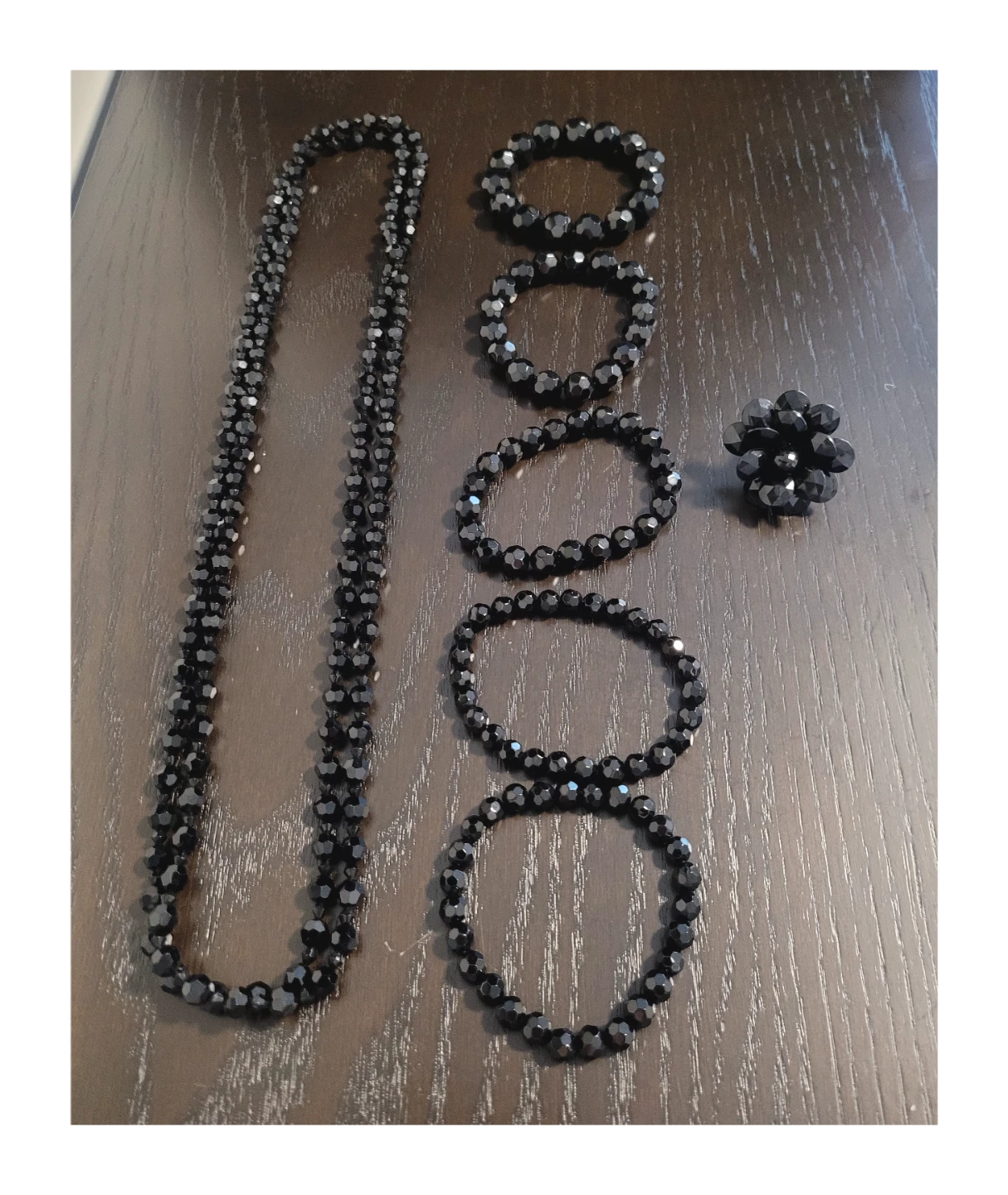 Black Beaded Necklace, Bracelet Set, and Ring