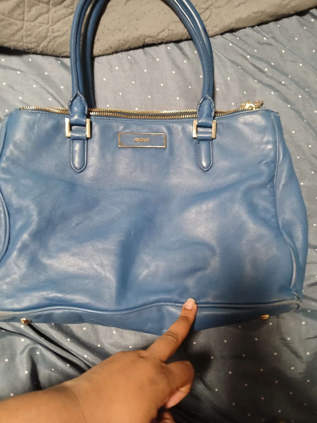DKNY Blue Leather Satchel Handbag price is firm