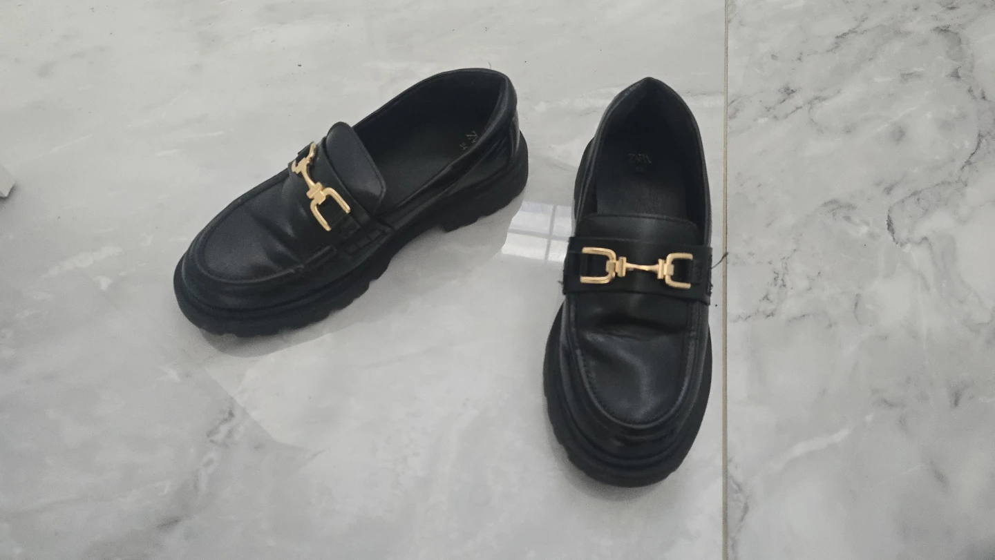Black Zara Loafers with Gold Buckle - Size 34