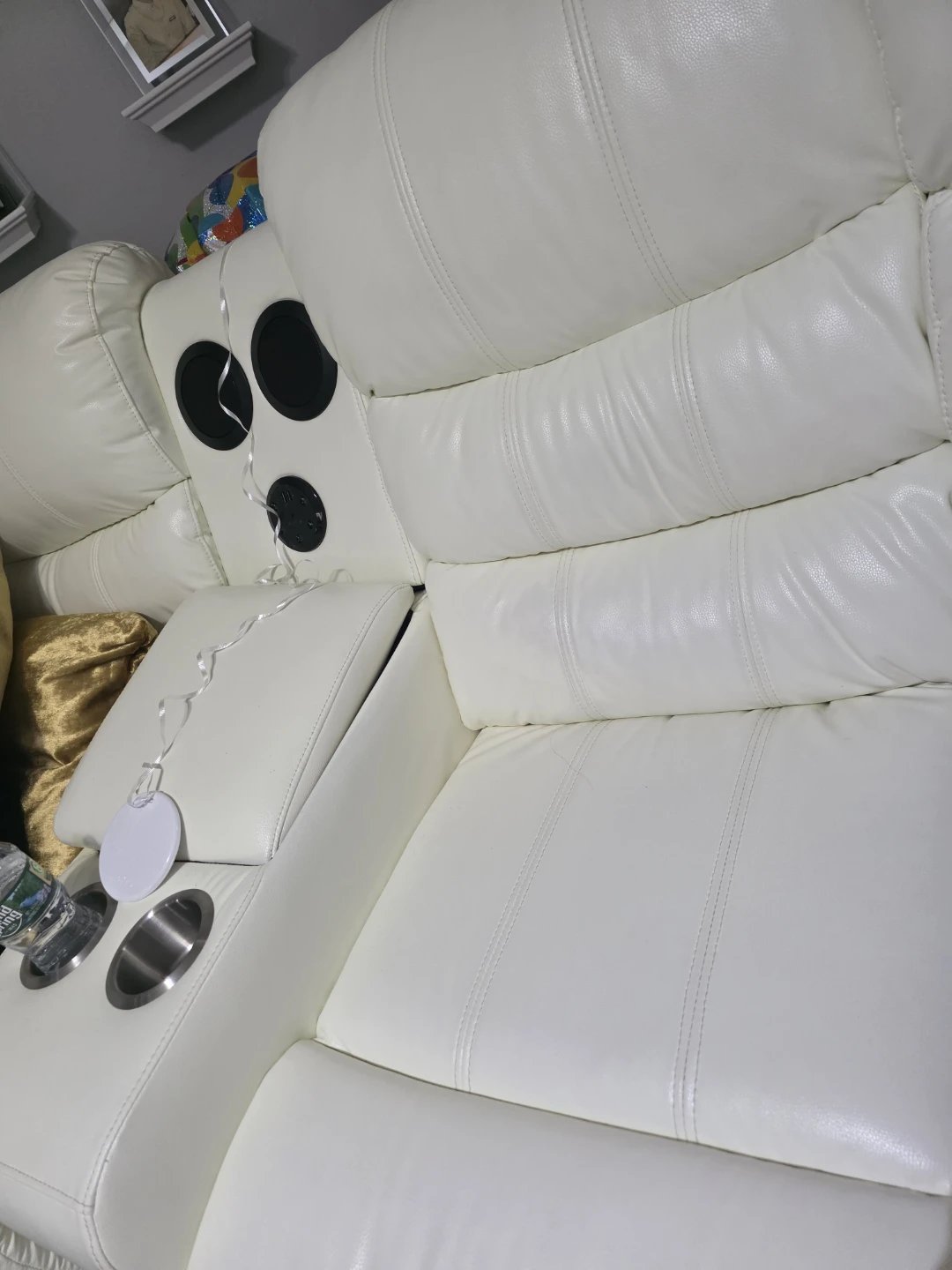 White Faux Leather Recliner Sofa with Cupholders and Speakers