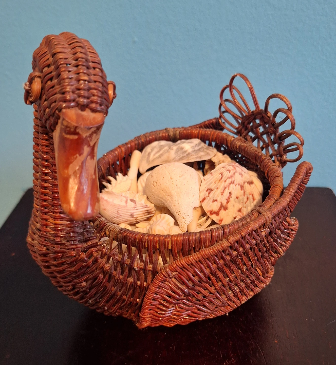 Wicker Swan Basket with Seashells