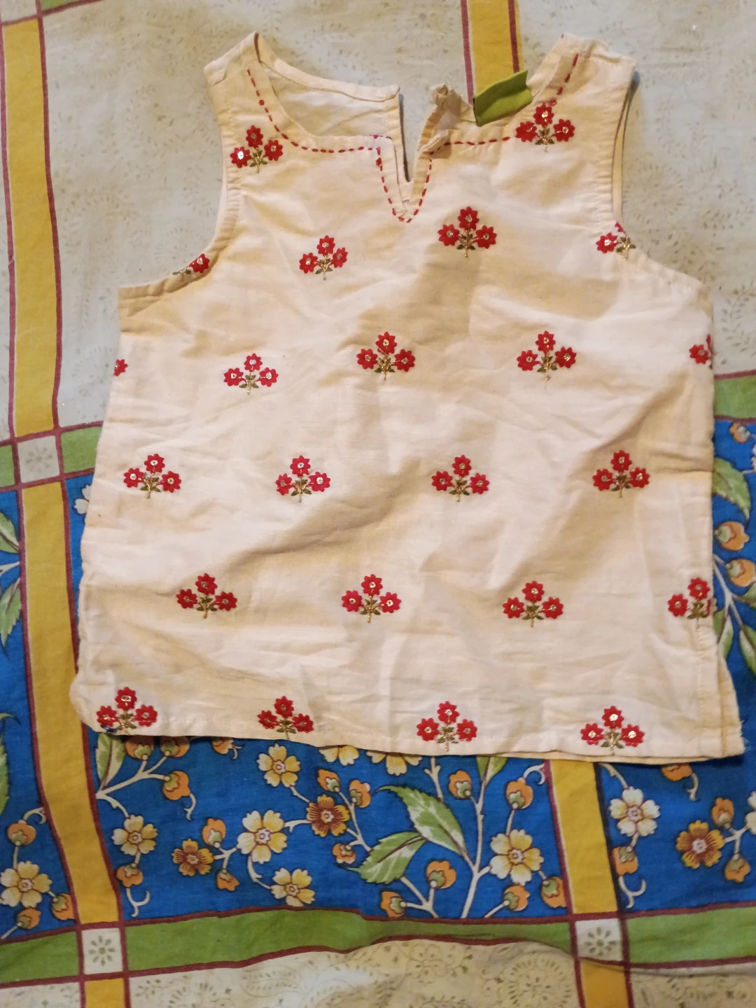 Kids Cream ethnic sleeveless top with red floral embroidery