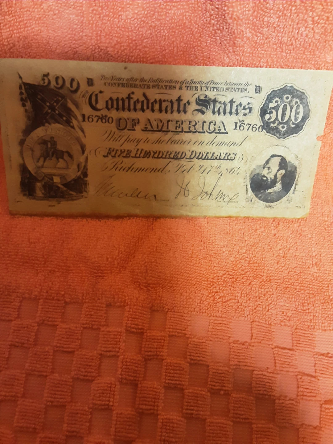 Confederate States of America 500 Dollar Bill