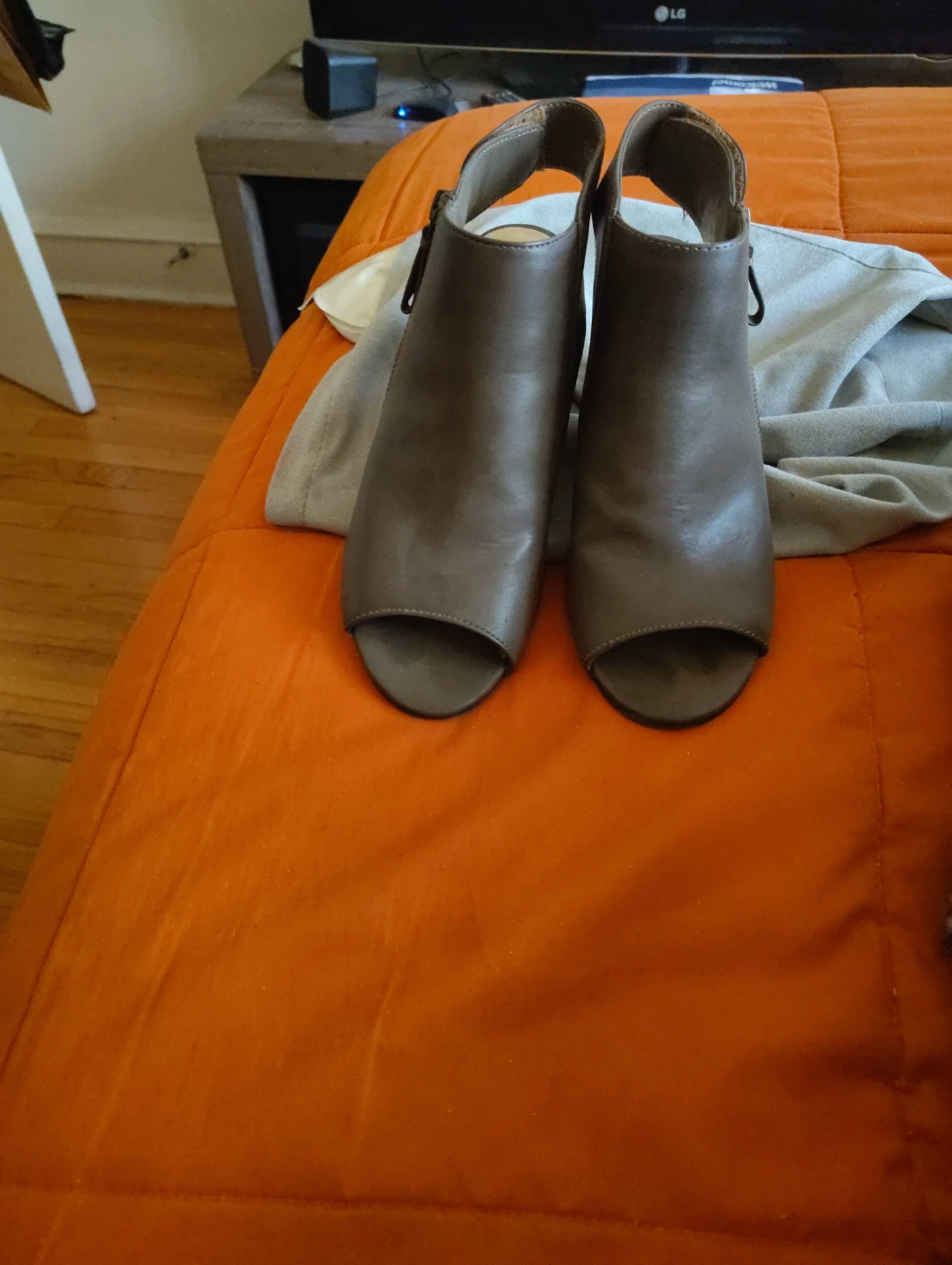 Brown Peep-Toe Heeled Booties