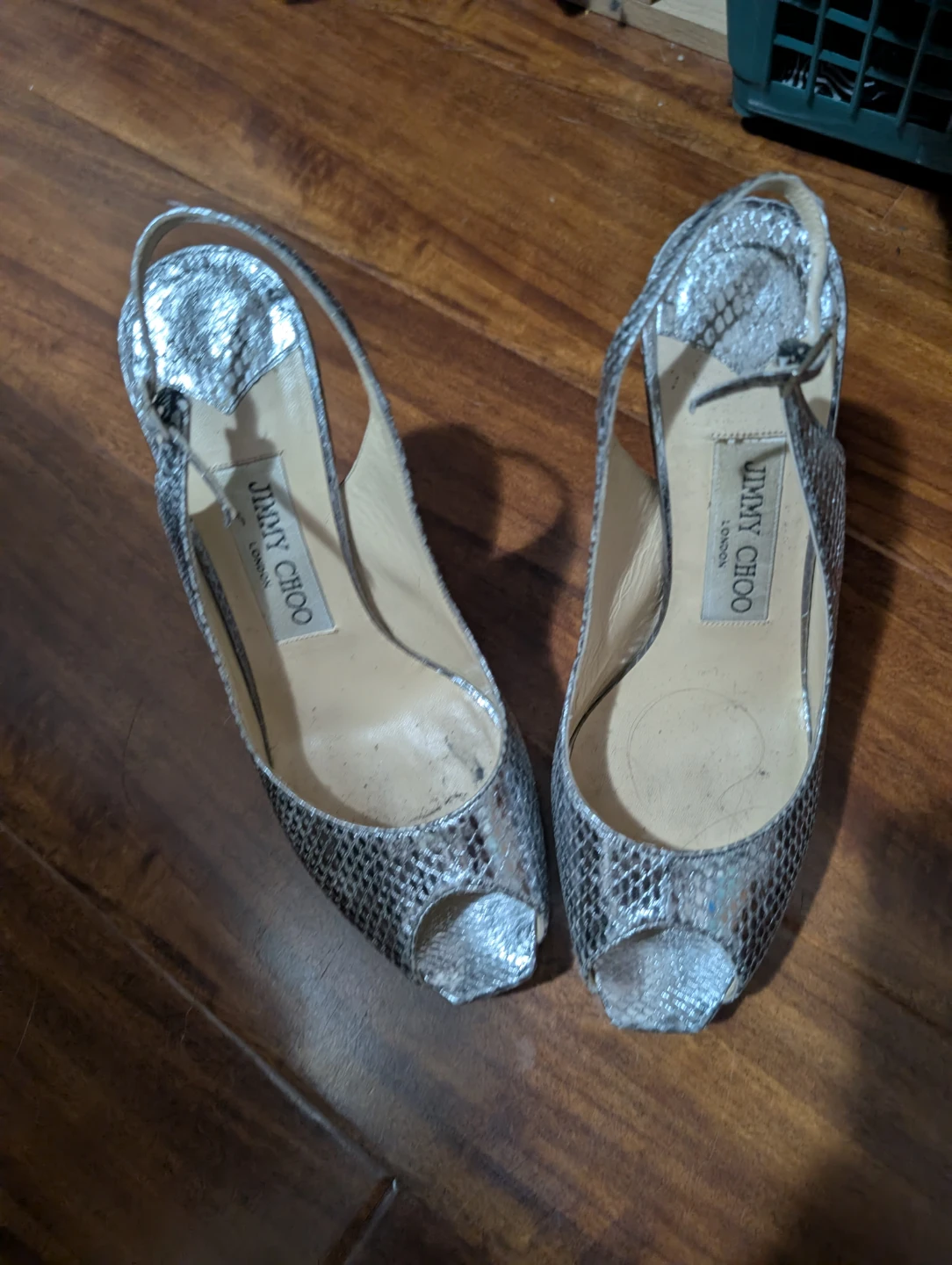 Jimmy Choo Silver Snakeskin Peep-Toe Slingbacks