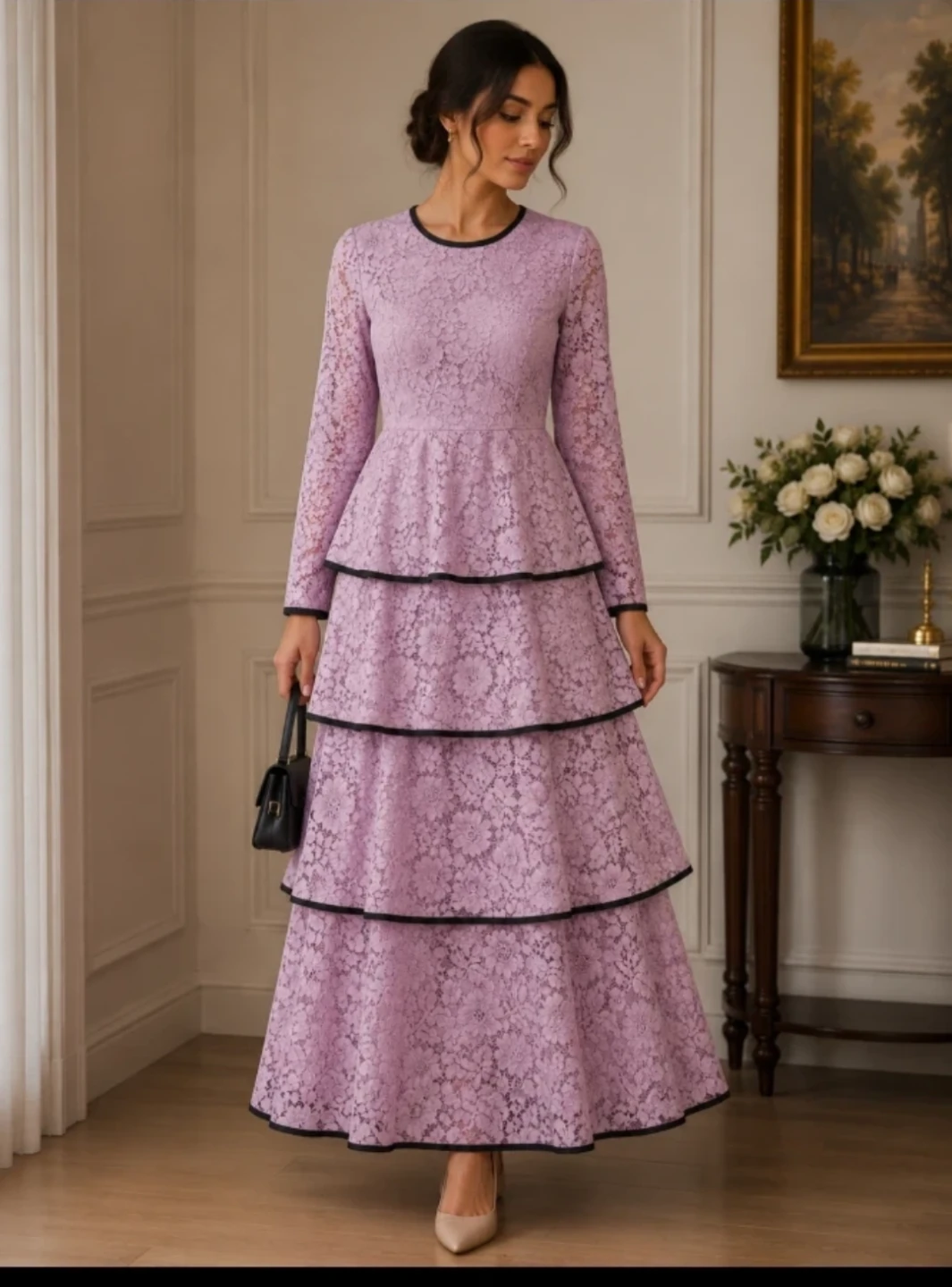 Lilac Lace Tiered Dress with Black Trim