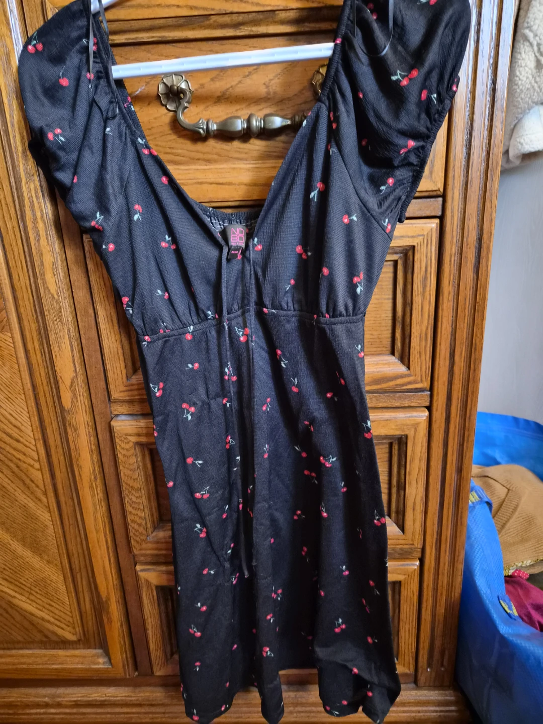 Black Cherry Print Puff Sleeve Mini Dress