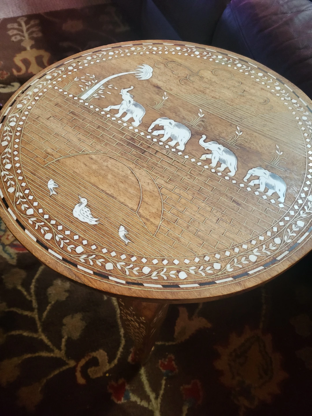 Carved Wood Side Table with Elephant Scene