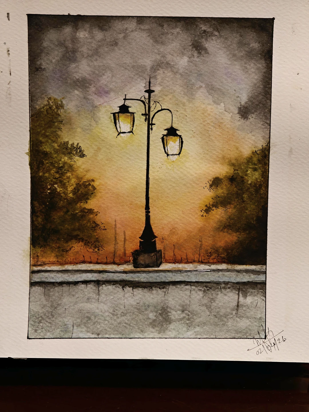 Watercolor Painting of a Lamppost at Sunset - photo 2