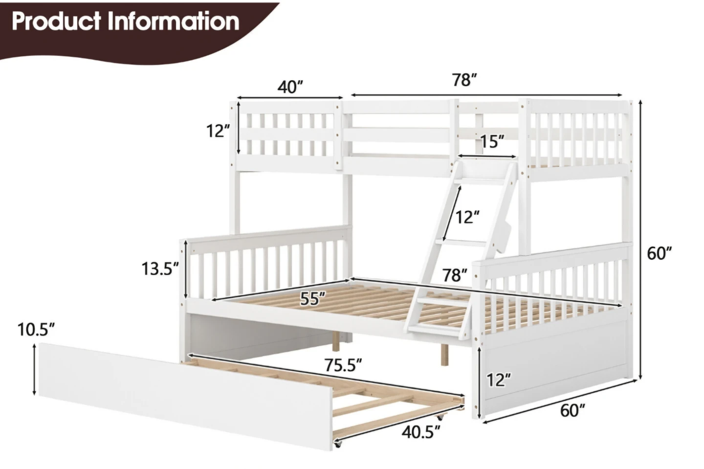 Gymax White Twin over Full Bunk Bed with Twin Trundle - photo 5