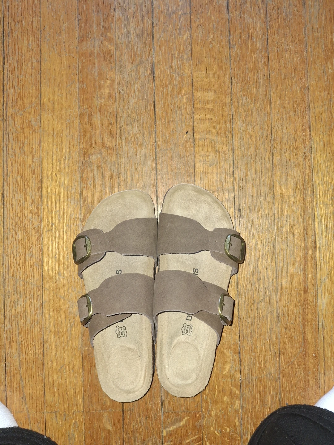 Brown Suede Double Buckle Slide Sandals