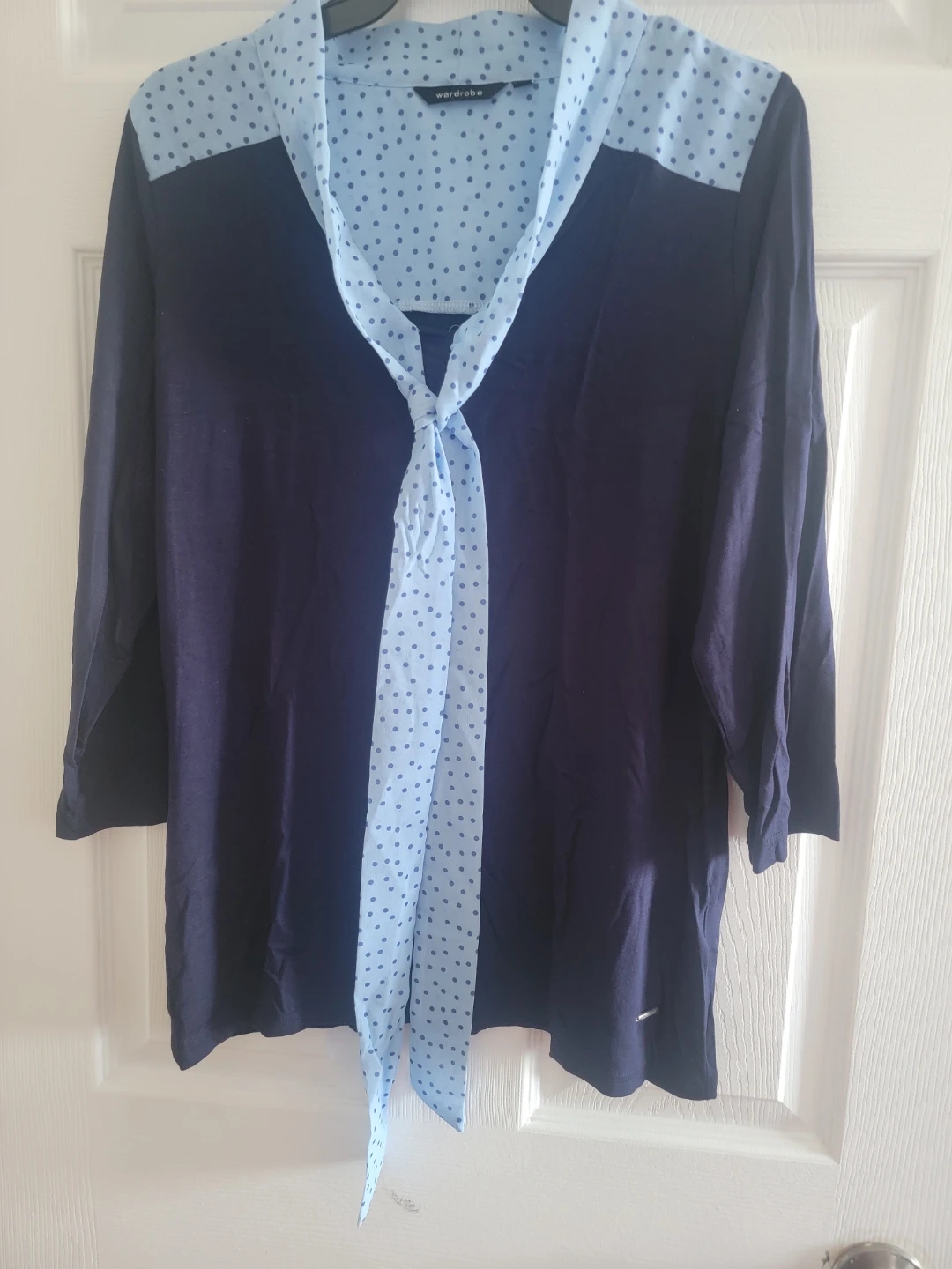 Wardrobe Navy Blue & Light Blue Polka Dot Tie Neck Top - Large
