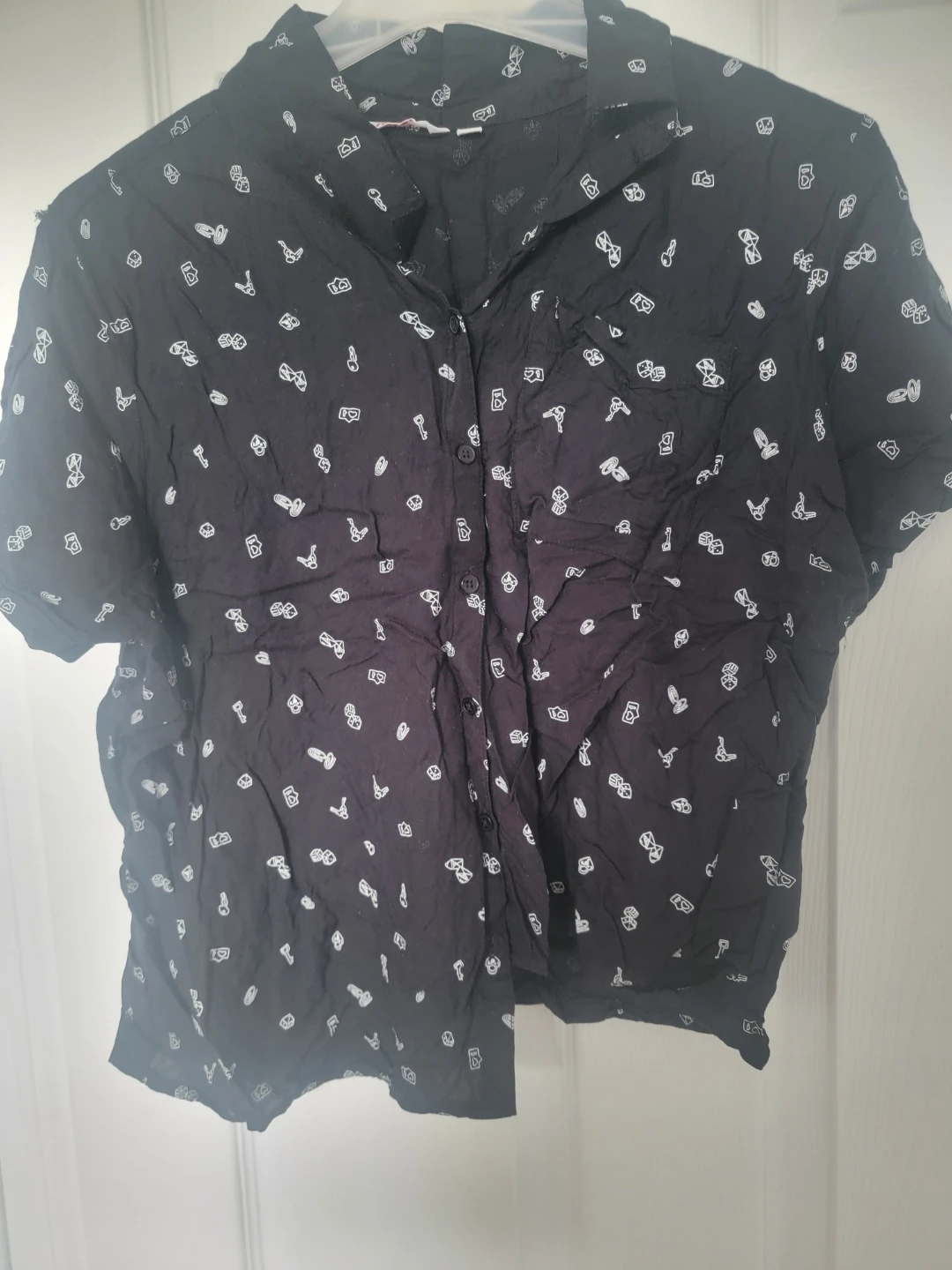 Black Button-Up Shirt with White Icons freesize
