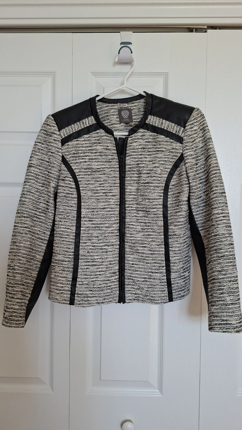 Vince Camuto Women's Tweed Moto Jacket with Faux Leather Accents