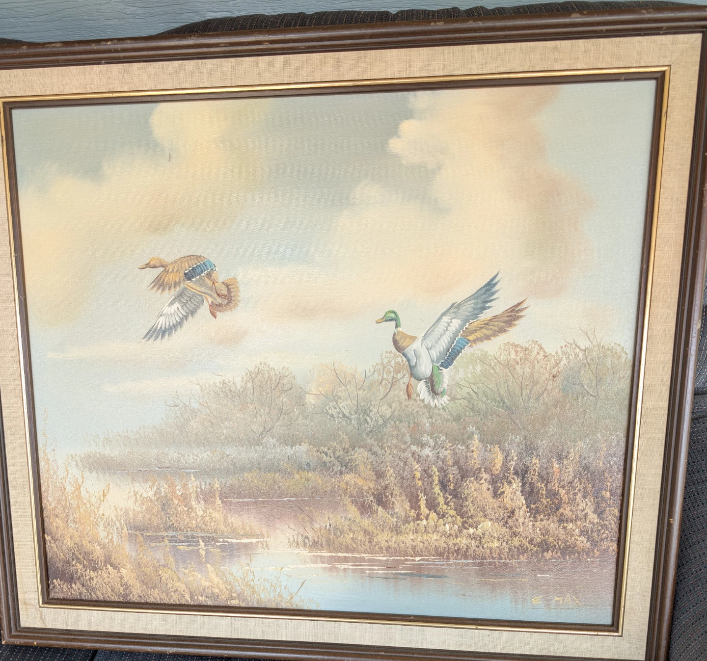 E. Max Ducks in Flight Oil Painting