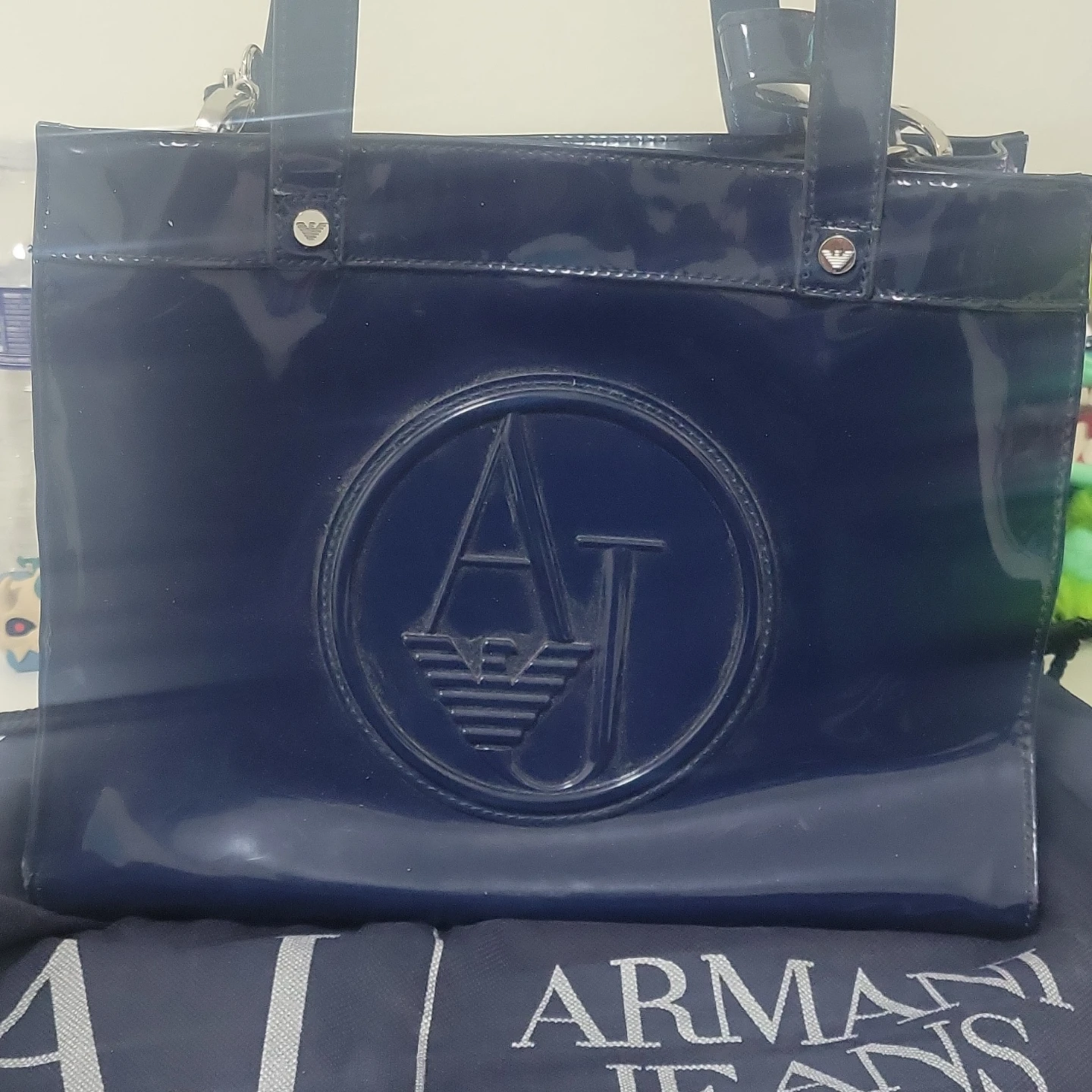 Armani Jeans Navy Patent Leather Tote Bag