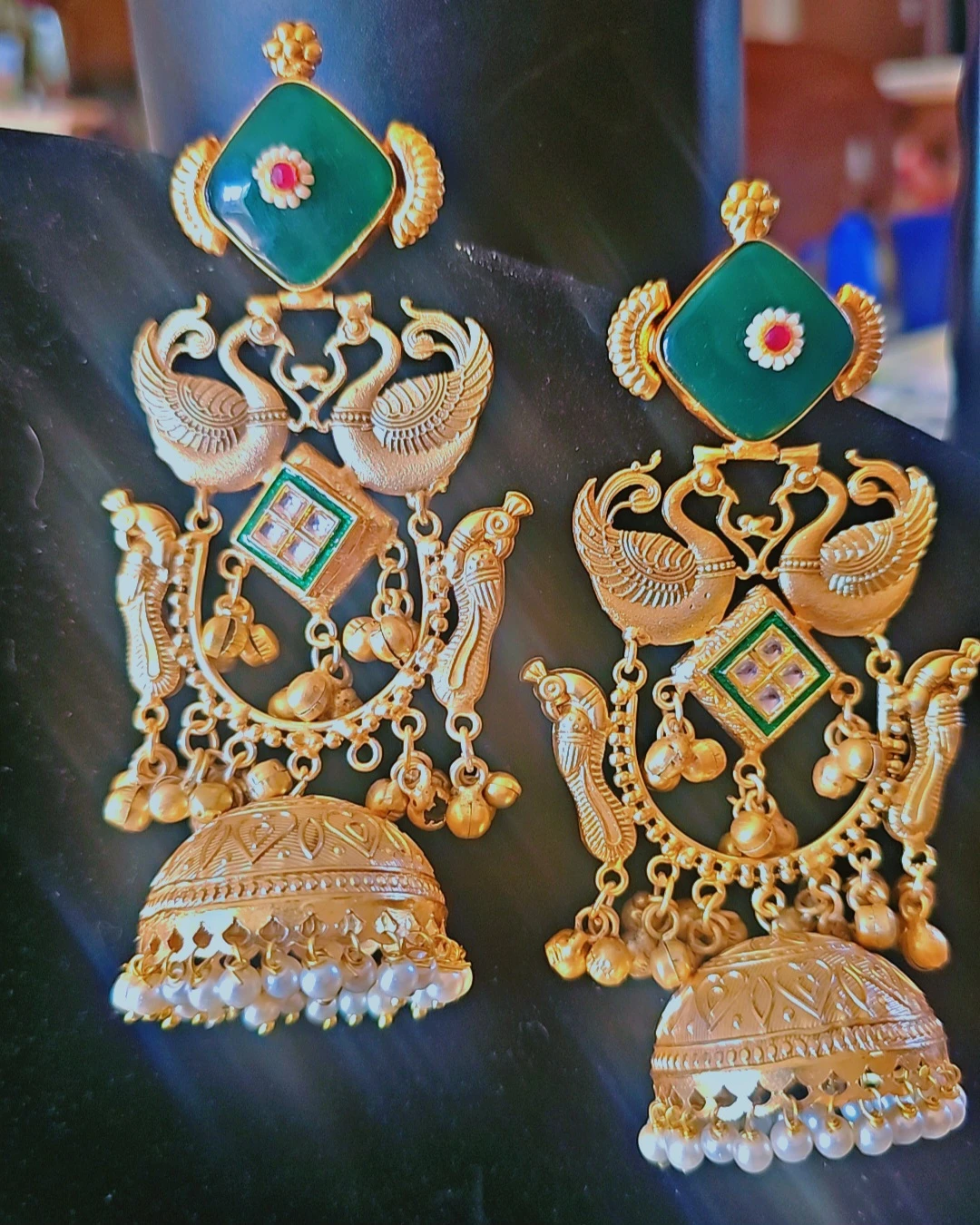 Kashmiri  Jhumka Earrings with Green Stone