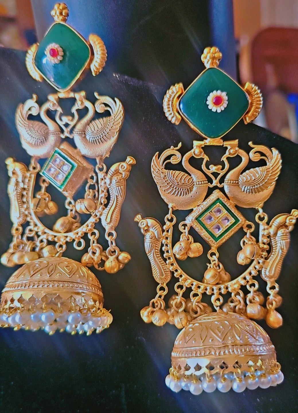 Kashmiri  Jhumka Earrings with Green Stone - photo 2