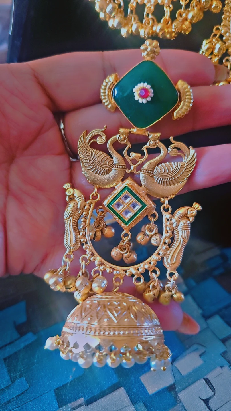 Kashmiri  Jhumka Earrings with Green Stone - photo 3