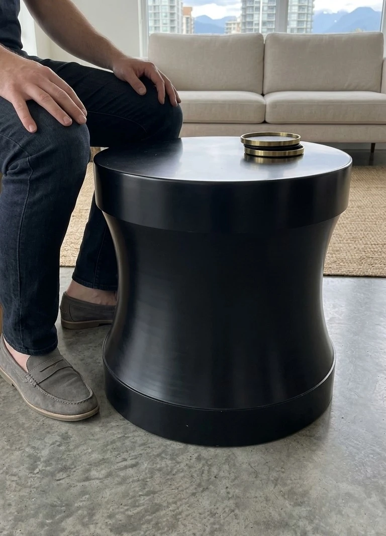Very Unique Black and Heavy Cylindrical Side Table / End Table.